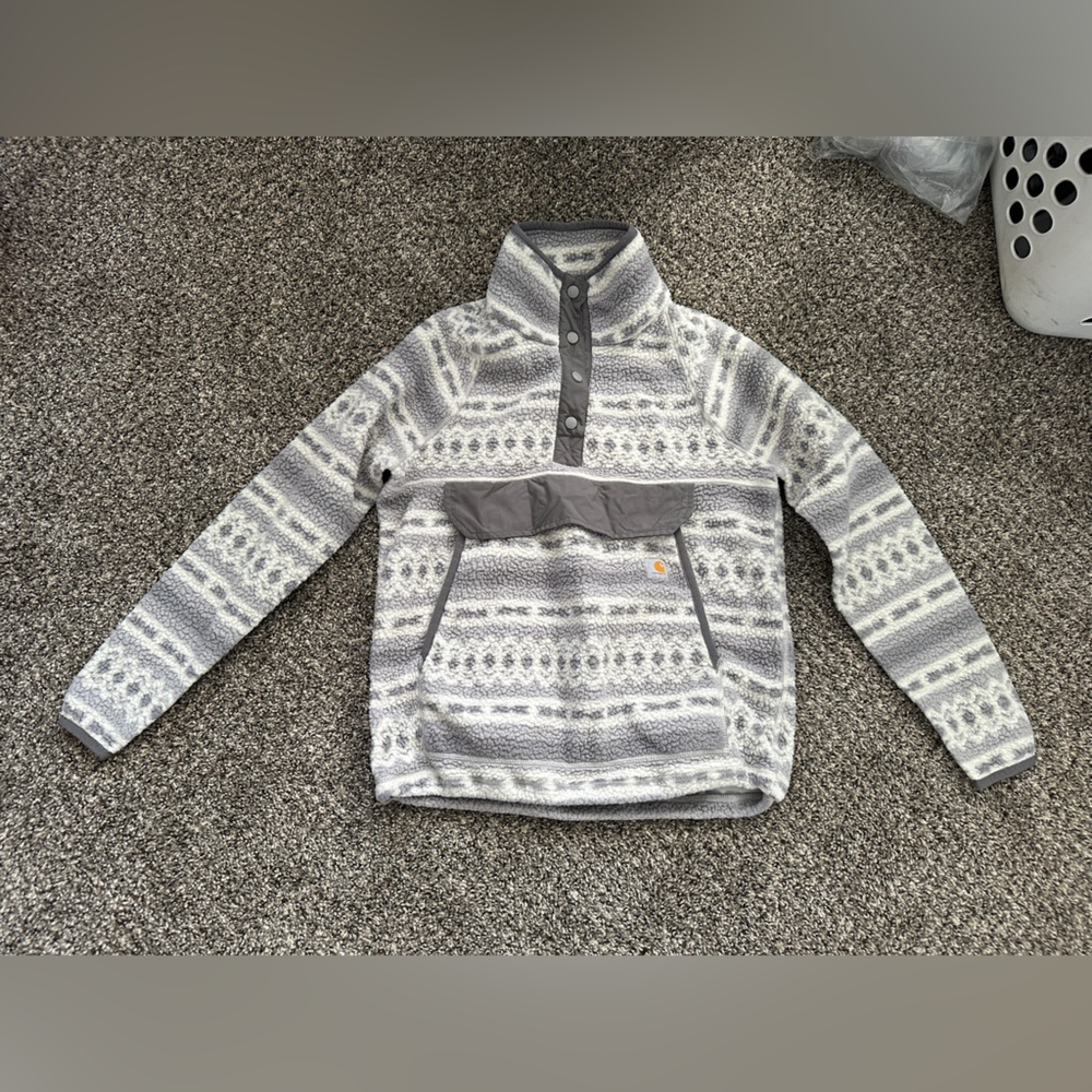 Carhartt Women’s Sherpa Fleece Pull-Over Grey & White Front Pouch Sz S 104922-W